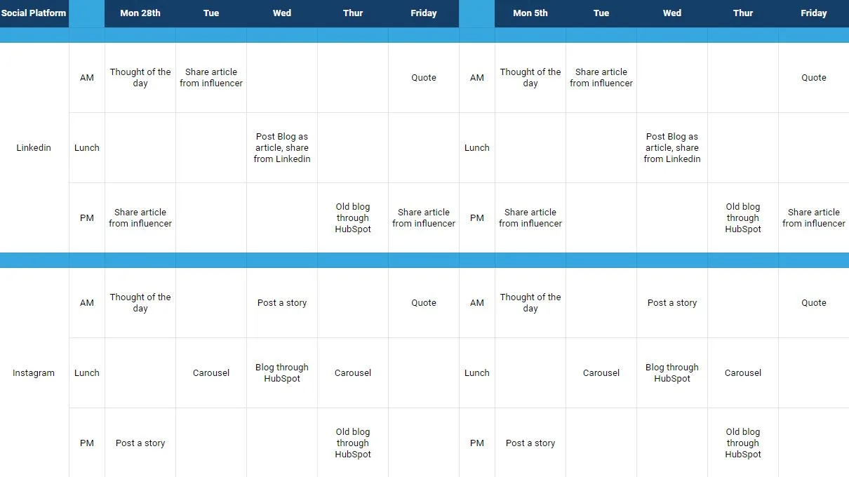 B2B Social media strategy calendar